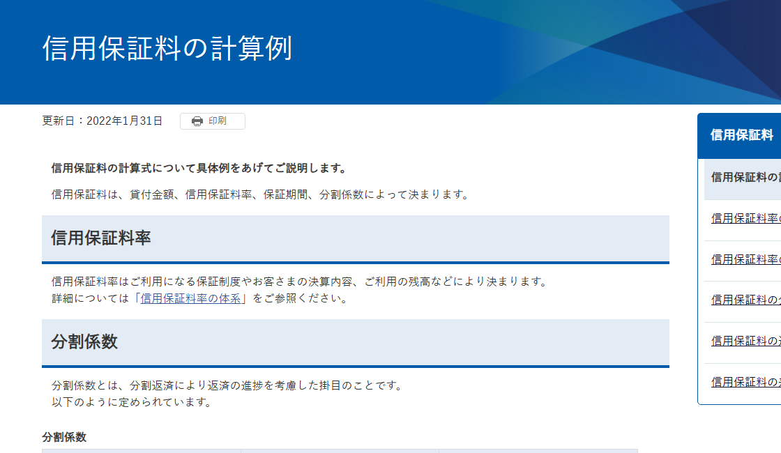 東京信用保証協会「信用保証料の計算例」のページ。信用保証料を貸付金額×信用保証料率×保証期間（月数）÷12×分割係数で計算することと、分割返済回数に応じた均等分割係数・不均等分割係数の表が示されている