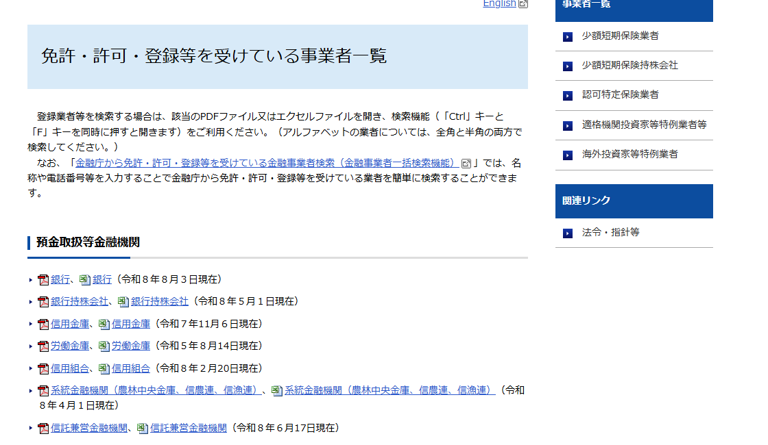 金融庁「免許・許可・登録等を受けている事業者一覧」のページ冒頭。免許・許可・登録等を受けている業種ごとに、事業者一覧のファイルへのリンクが並んでいる