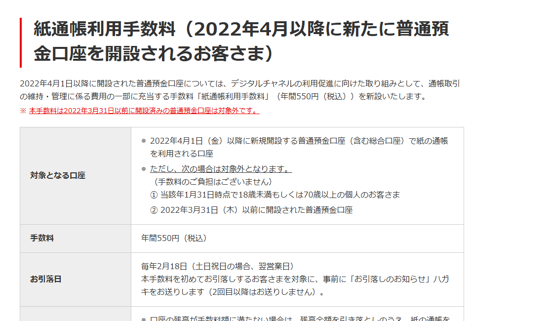 三菱UFJ銀行「紙通帳利用手数料（2022年4月以降に新たに普通預金口座を開設されるお客さま）」のページ冒頭。紙の通帳を利用する場合の手数料について案内している公式ページであることが分かる