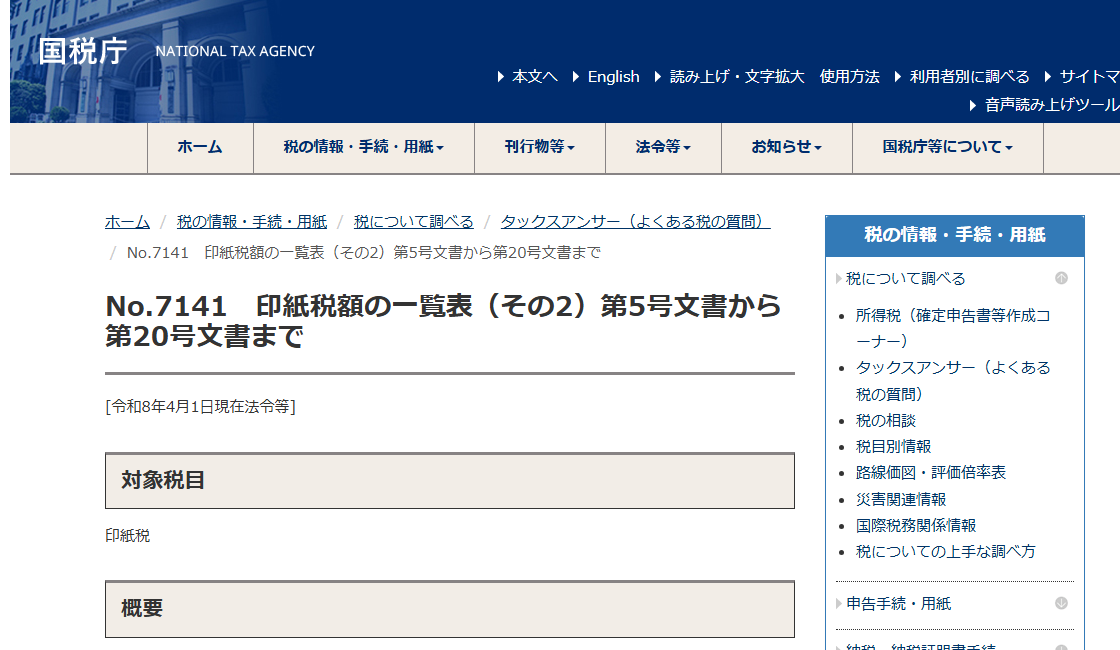 国税庁タックスアンサー「No.7141 印紙税額の一覧表（その2）第5号文書から第20号文書まで」のページ。文書の種類ごとの印紙税額と、主な非課税文書が一覧で並んでいる公式ページであることが分かる