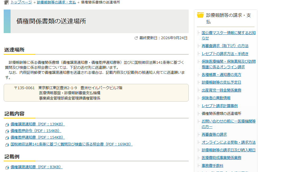 医療情報基盤・診療報酬審査支払機構「債権関係書類の送達場所」のページ。債権譲渡通知書、債権差押命令、債権差押通知書などの債権関係書類の送達場所として、事業資金管理部資金管理課債権管理係の所在地が示されている